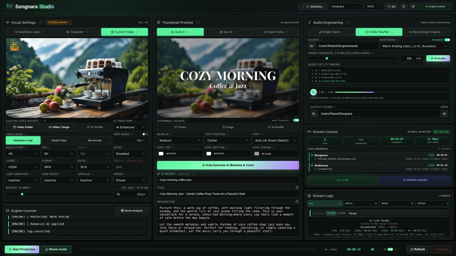Songnara Studio dashboard with visual settings, thumbnail preview, audio engineering, stream controls, and release metadata.