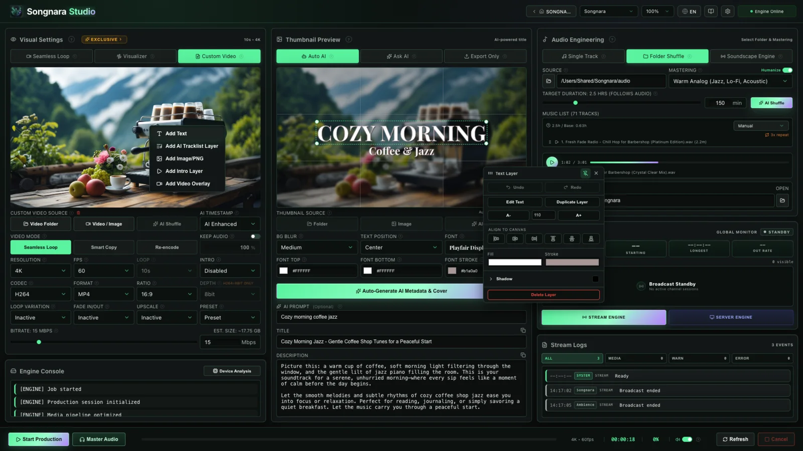 Layer editor with text, AI tracklist, image, intro, video overlay, and text layer controls.
