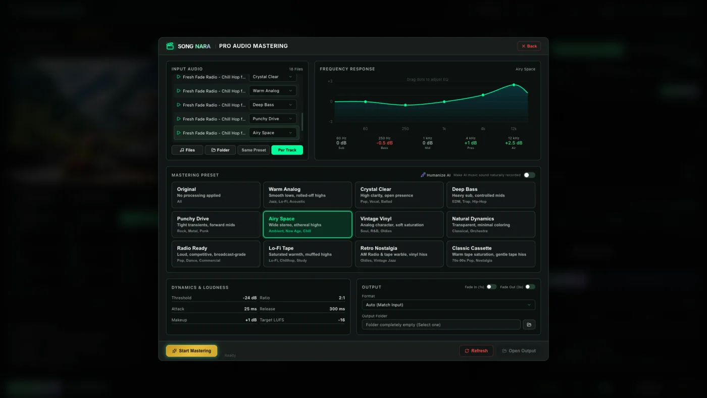Pro Audio Mastering with preset cards, frequency response, input tracks, and output settings.