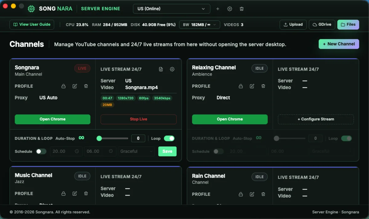 Server Engine managing multiple live channels and remote stream settings.