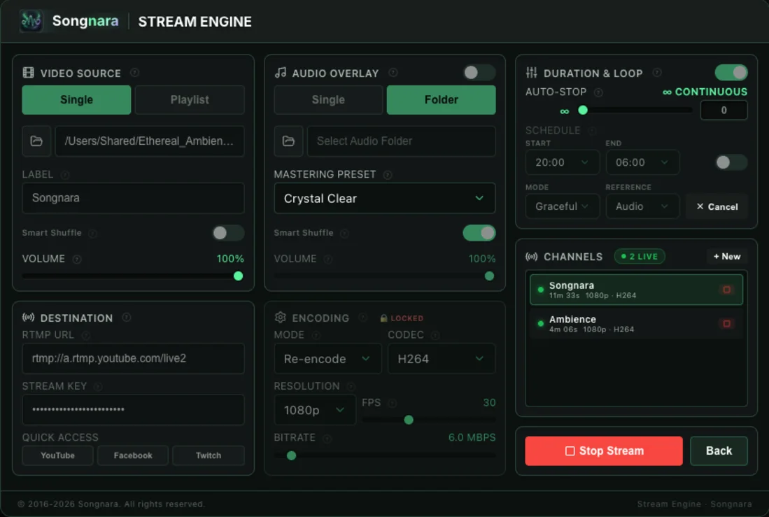 Stream Engine with video source, audio overlay, duration loop, destination, channels, and stream controls.