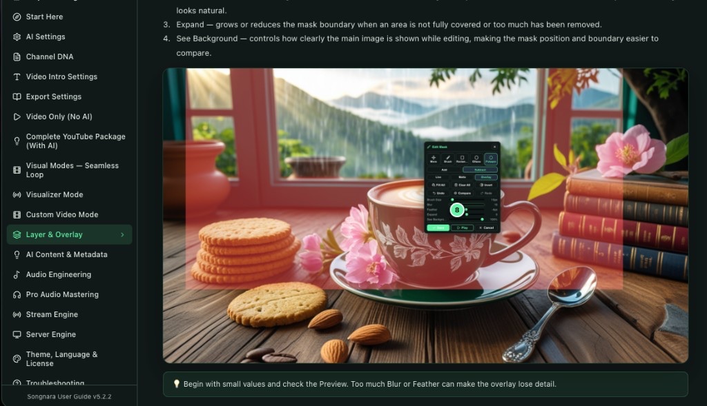 Songnara guide for Layer & Overlay, showing the Edit Mask panel over a coffee-table scene.