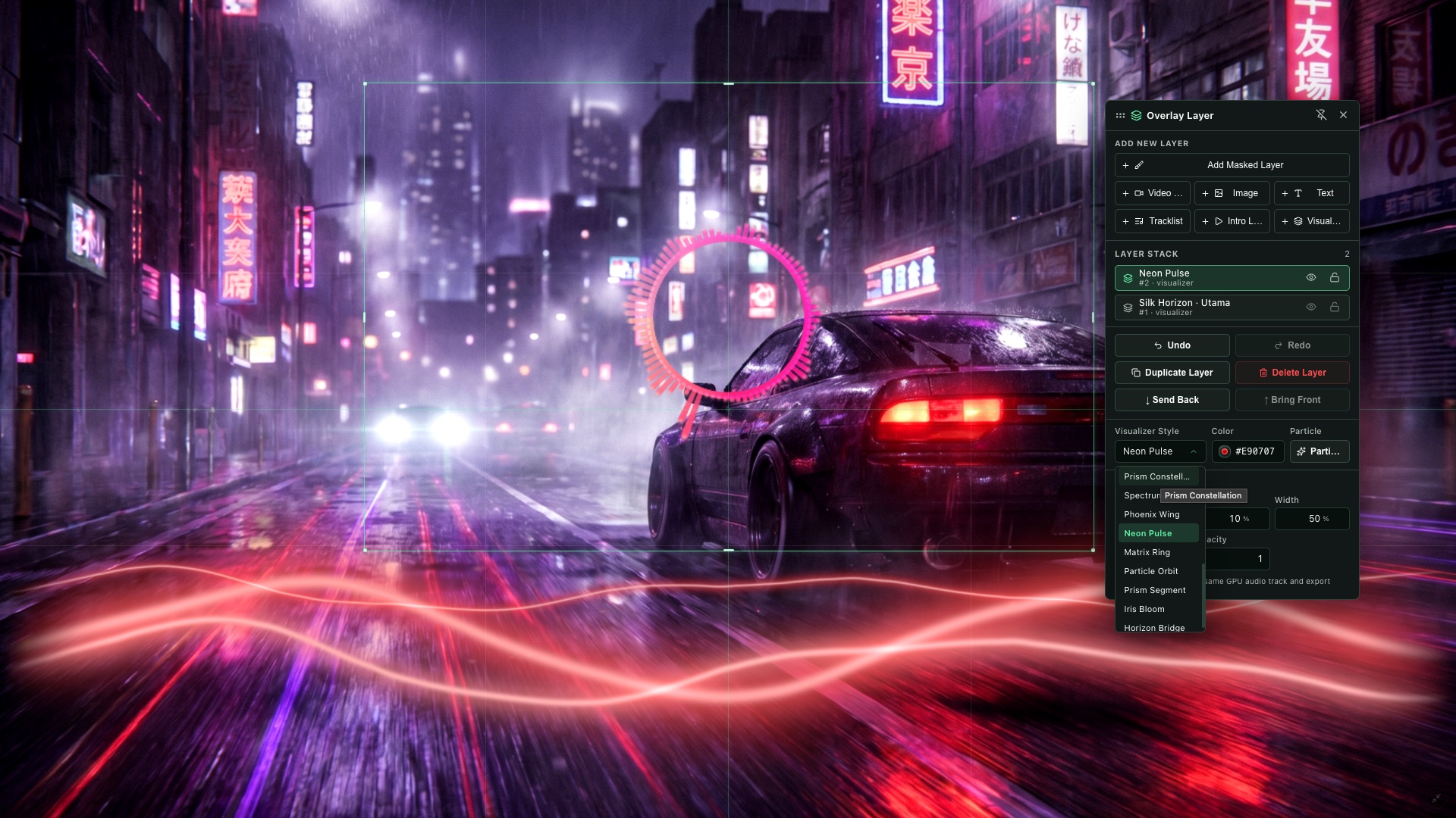 Songnara Overlay Layer panel on a night city visualizer, with Neon Pulse selected.
