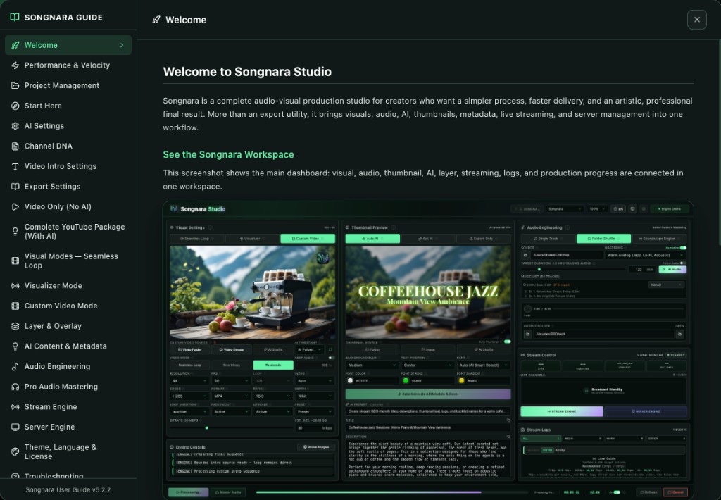 Songnara User Guide open on Welcome, with the studio workspace shown beside the topic list.