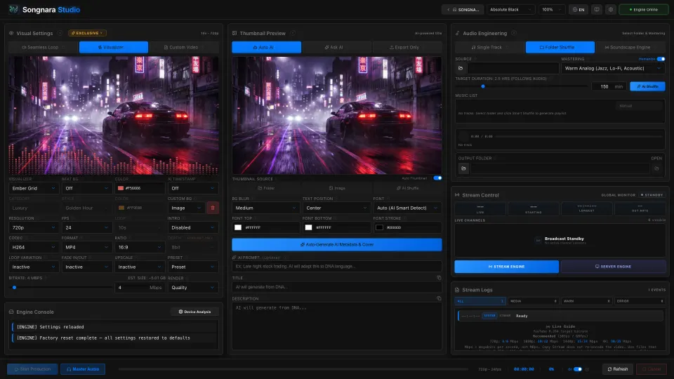 Songnara Studio Absolute Black OLED theme dashboard.