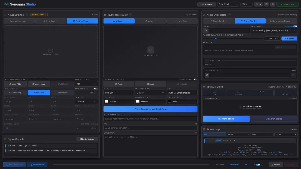 Songnara Studio Slate Cobalt blue theme dashboard.
